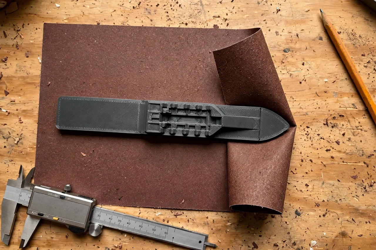 Close-up top-down view of a matte charcoal-gray 3D printed abrasive sheet folding crease tool being test-fitted against a sheet of sandpaper to fold for hand sanding on a workbench, calipers and a pencil nearby, warm workshop lighting