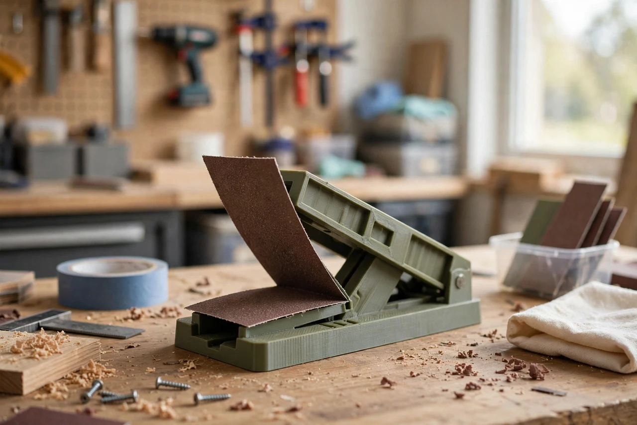 View of the finished 3D printed abrasive sheet folding crease tool in use on a home repair project on a workbench, tidy workshop background in soft focus, bright natural light