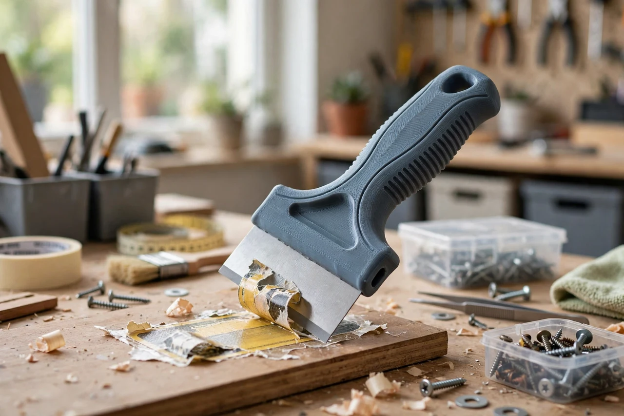 View of the finished 3D printed adhesive label scraper grip in use on a home repair project on a workbench, tidy workshop background in soft focus, bright natural light
