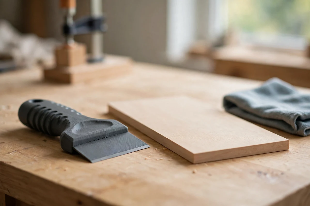 Home workshop scene on a light oak workbench, a matte charcoal-gray 3D printed adhesive label scraper grip beside a smooth board and a cleaning rag, soft natural window light, shallow depth of field