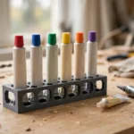 A bright home workshop scene on a light oak workbench