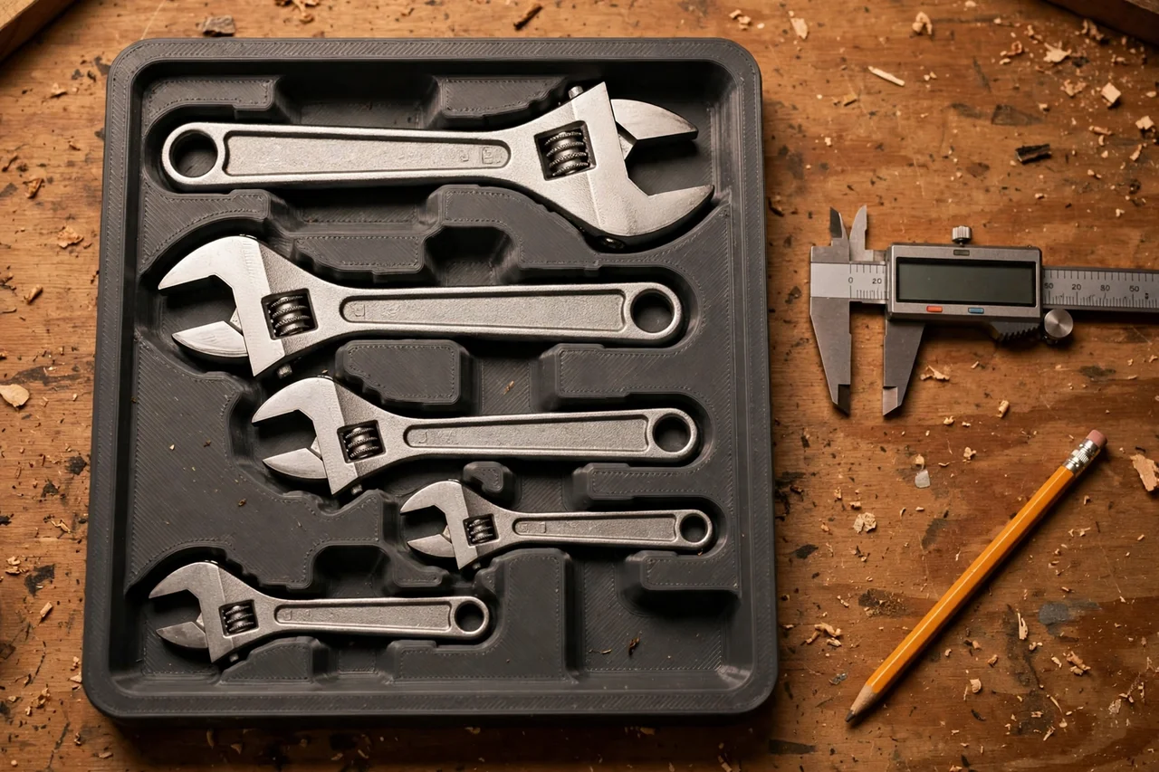 Close-up top-down view of a matte charcoal-gray 3D printed adjustable wrench drawer tray being test-fitted with adjustable wrenches on a workbench, calipers and a pencil nearby, warm workshop lighting