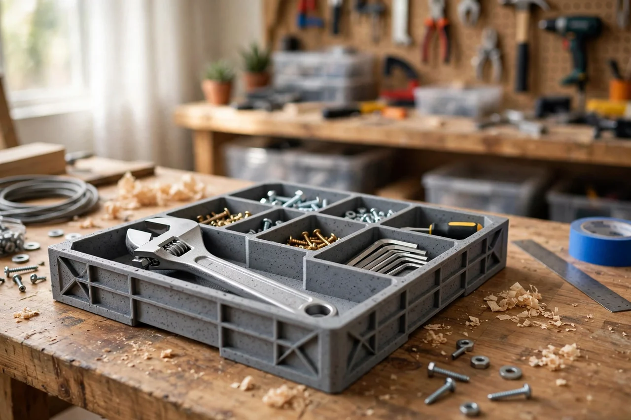View of the finished 3D printed adjustable wrench drawer tray in use during a home repair tidy-up on a workbench, tidy workshop background in soft focus, bright natural light