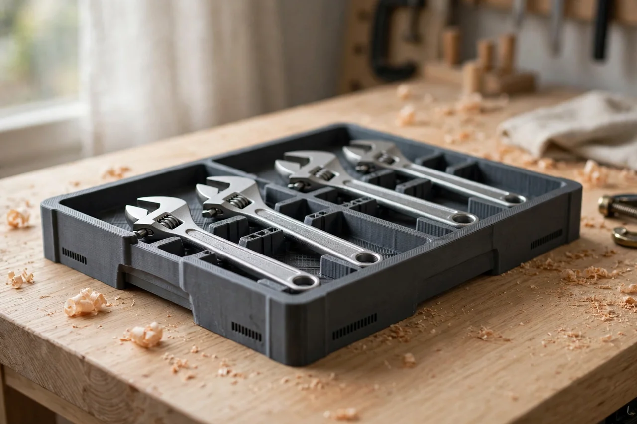Home workshop scene on a light oak workbench, a matte charcoal-gray 3D printed adjustable wrench drawer tray holding adjustable wrenches, soft natural window light, shallow depth of field