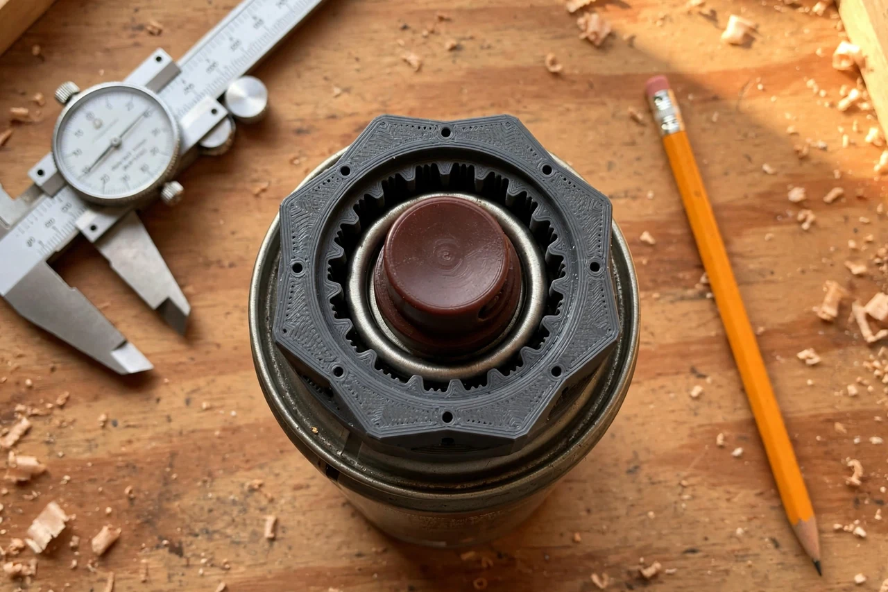 Close-up top-down view of a matte charcoal-gray 3D printed aerosol can cap remover tool being test-fitted against a stuck aerosol spray can cap on a workbench, calipers and a pencil nearby, warm workshop lighting