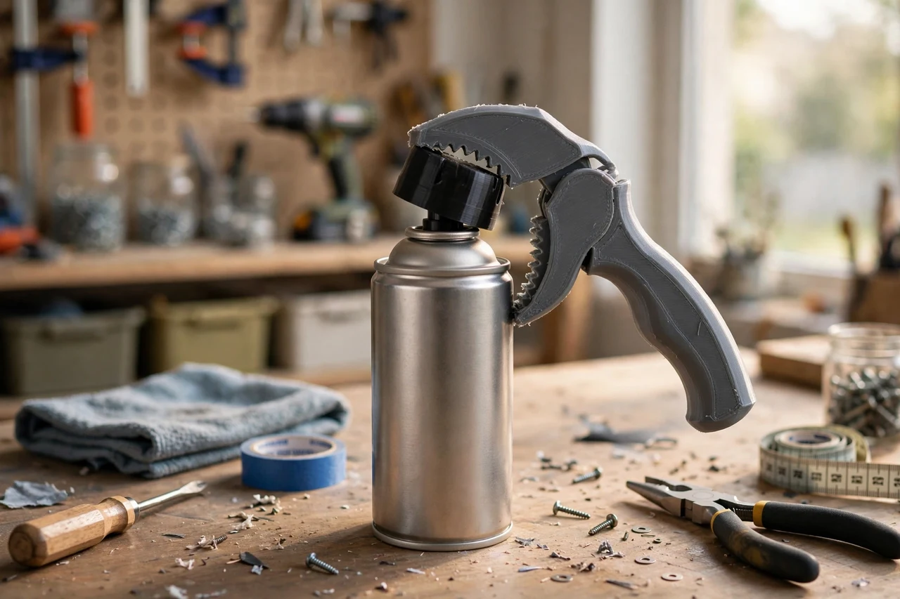 View of the finished 3D printed aerosol can cap remover tool in use on a home repair project on a workbench, tidy workshop background in soft focus, bright natural light