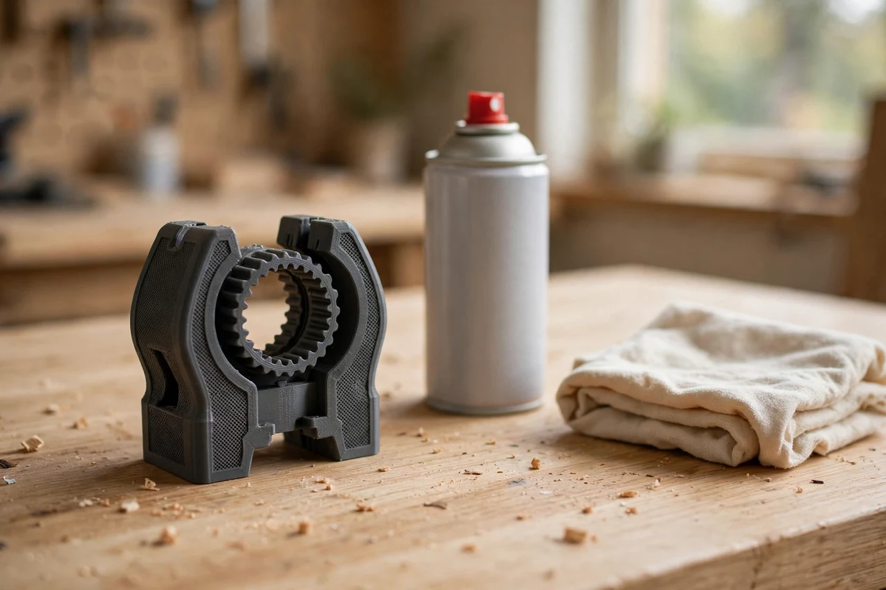 Home workshop scene on a light oak workbench, a matte charcoal-gray 3D printed aerosol can cap remover tool beside a spray can and a clean rag, soft natural window light, shallow depth of field