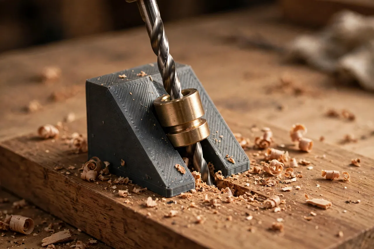 Close-up view of a 3D printed angled drill guide with a metal drill bushing showing a drill bit passing through at a set angle into a hardwood board