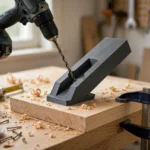 A bright home workshop scene on a light oak workbench