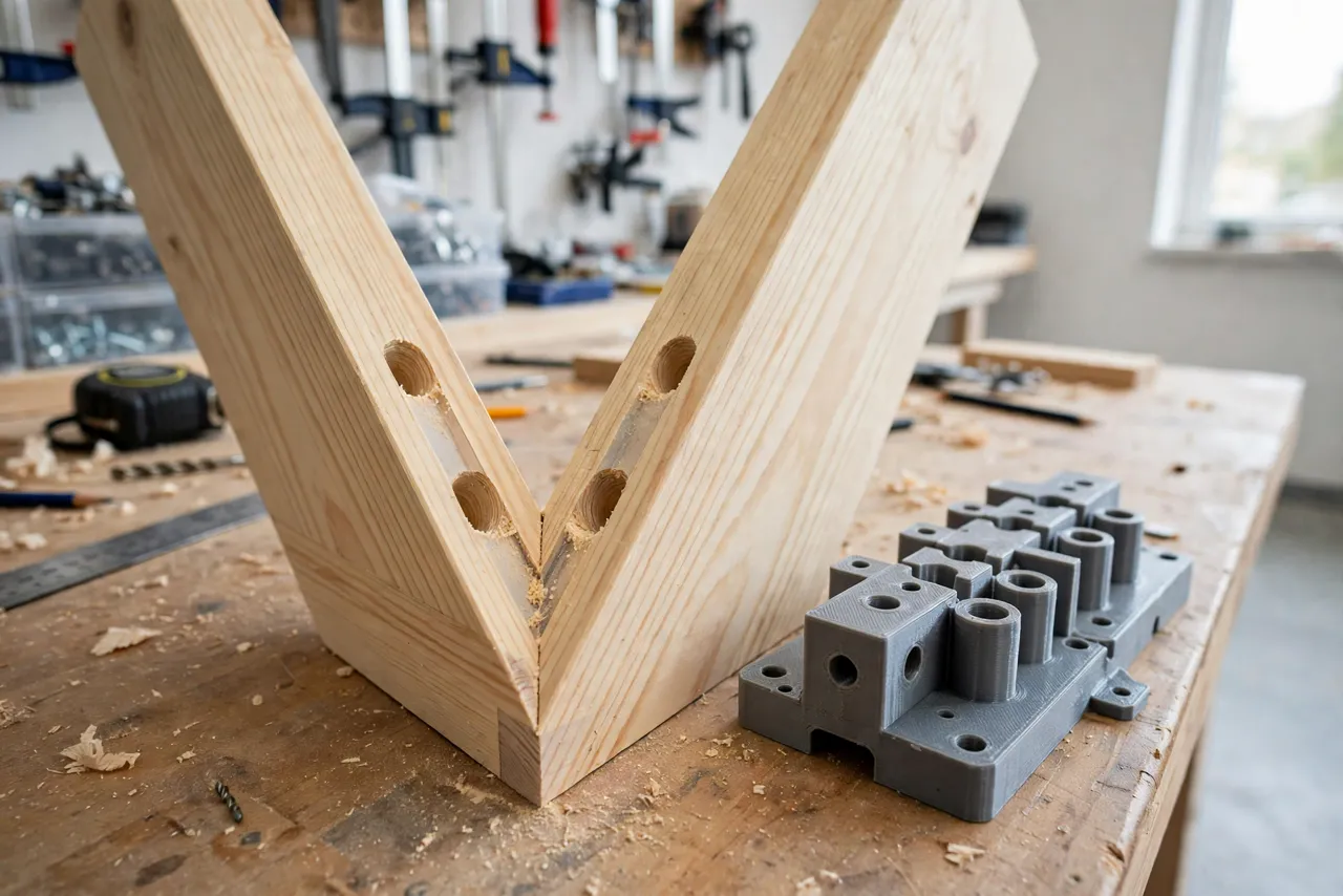 Two wooden boards joined at an angle with clean angled dowel holes visible in a test joint on a workbench beside the 3D printed drilling guide