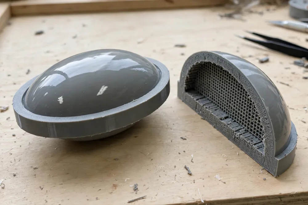 Close-up underside view of a 3D printed slider pad showing a glossy smooth sliding surface with a slightly domed profile