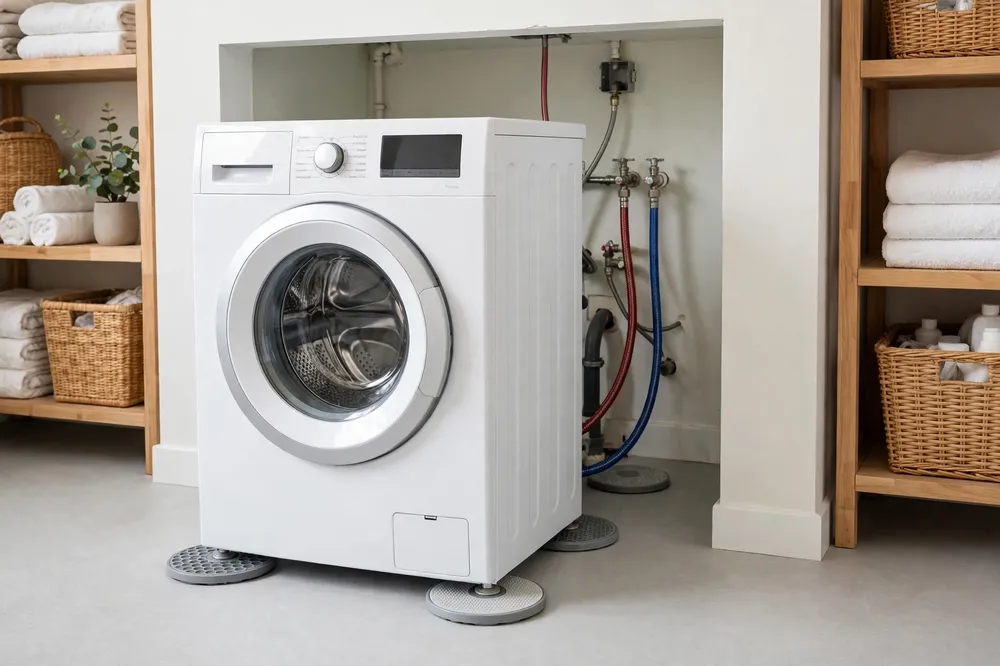 A washing machine pulled a short distance out of its alcove standing on four printed slider pads