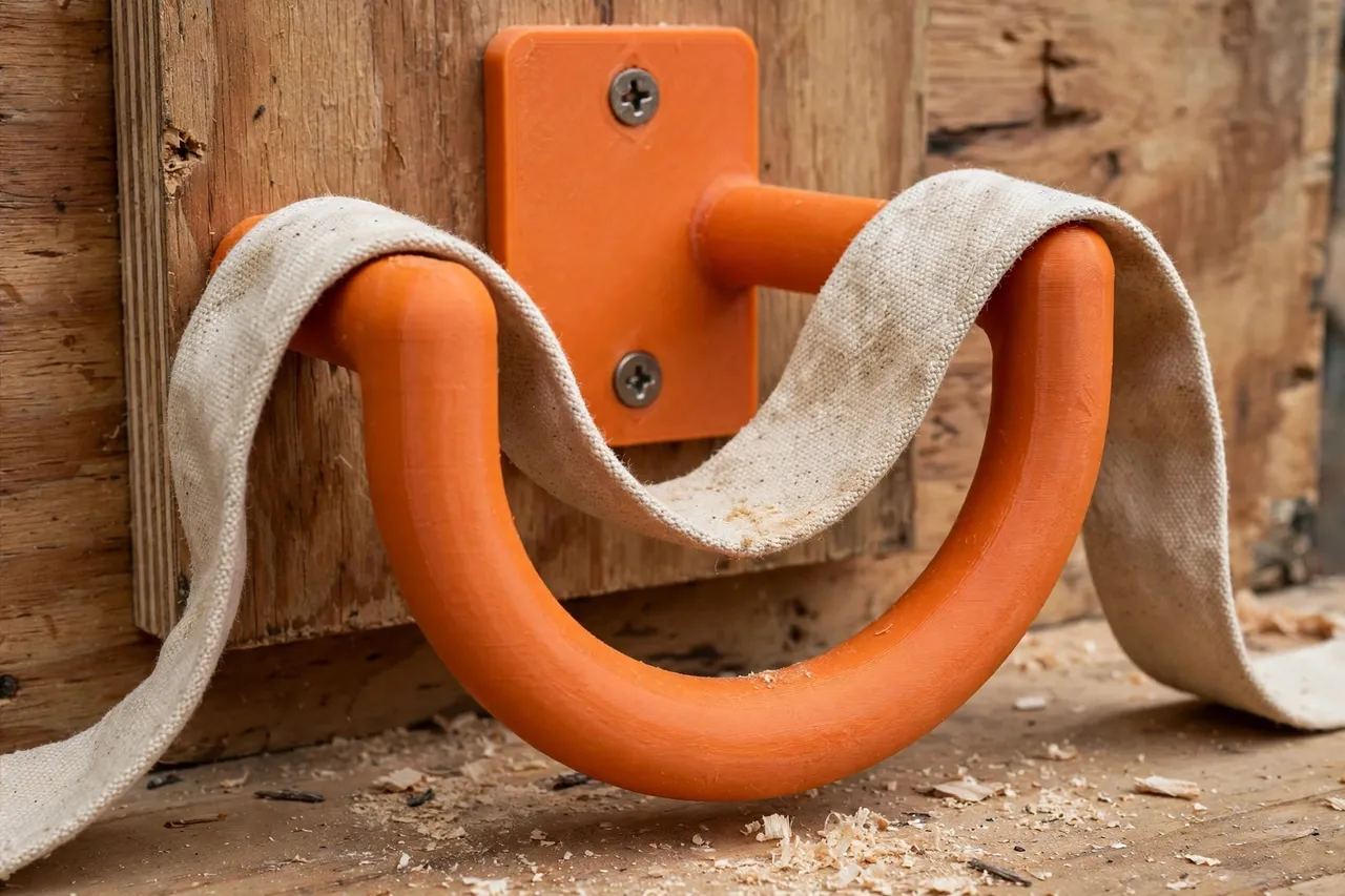 Close-up of a 3D printed apron hook in matte orange plastic mounted on a wooden wall board