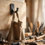 A bright home workshop wall with a charcoal-gray 3D printed apron hook screwed to a plywood panel