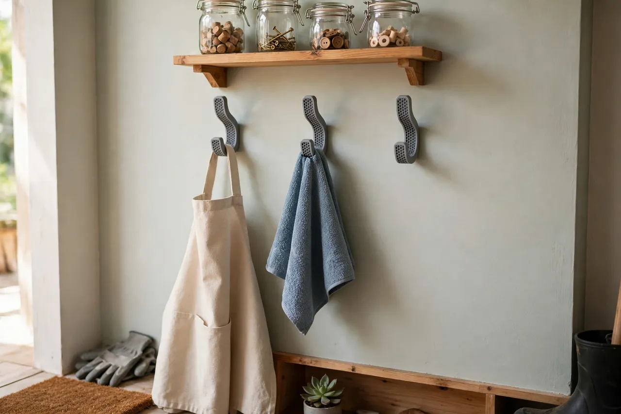 A tidy workshop entry area with three 3D printed apron hooks in a row on a painted wall