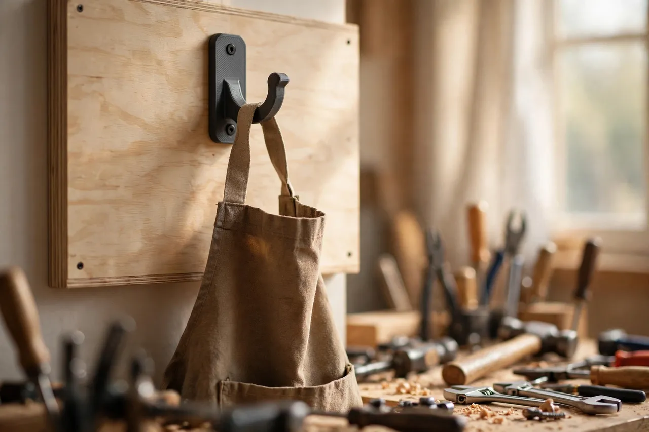 A bright home workshop wall with a charcoal-gray 3D printed apron hook screwed to a plywood panel