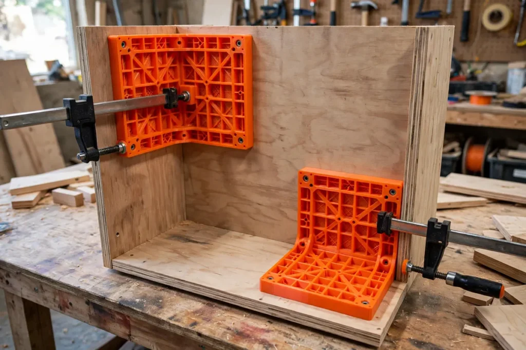 3D printed assembly squares bracing a wooden cabinet during glue-up