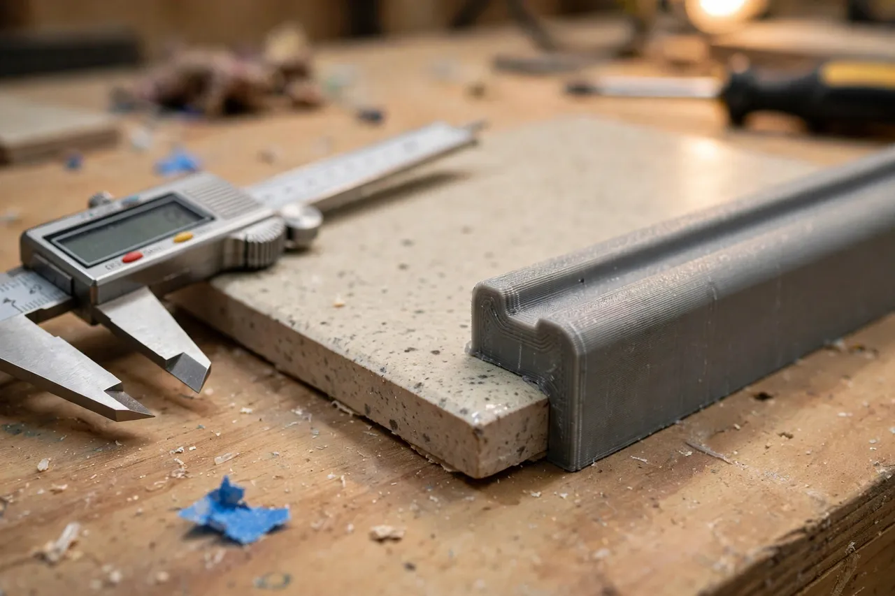 Close-up view of a 3D printed backsplash tile edge trim being test-fitted over the edge of a ceramic tile on a workbench