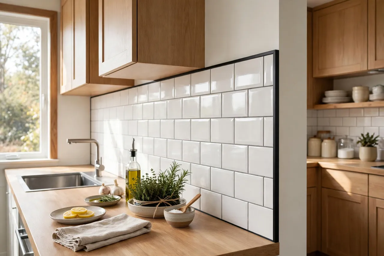 A finished kitchen backsplash with clean printed edge trim along its exposed end and top edges, a tidy kitchen beyond, bright natural light