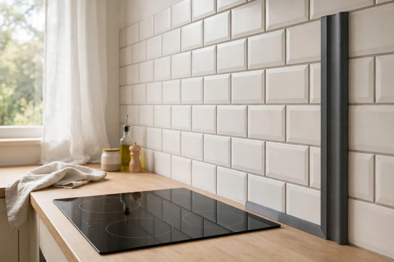 A bright kitchen scene, a tiled backsplash with a neat matte charcoal-gray 3D printed edge trim covering the exposed end row of tiles, a countertop