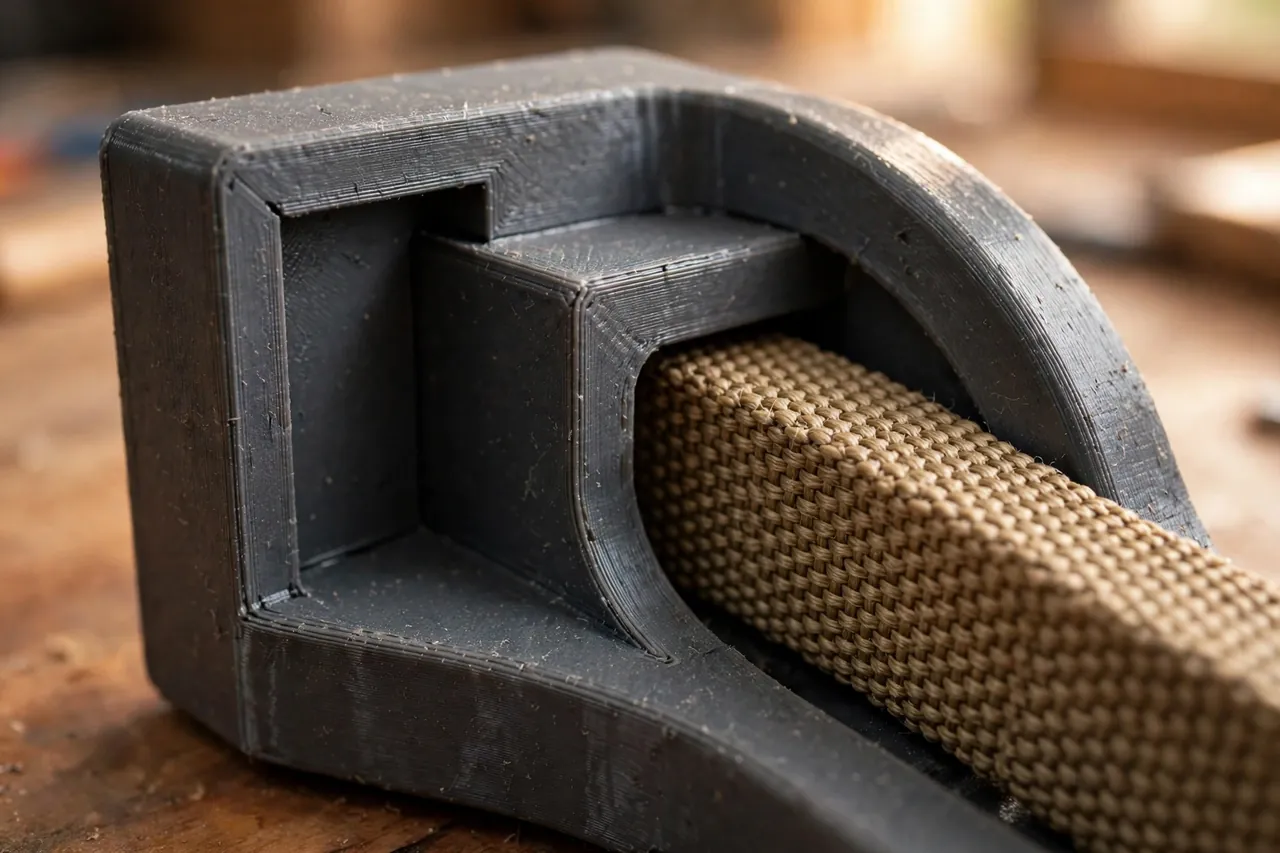 Close-up of a 3D printed band clamp corner block showing its 90-degree inner faces, rounded outer strap groove