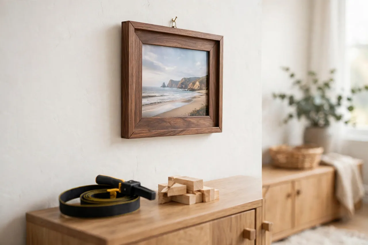 A finished glued picture frame hanging on a bright living room wall with tight miter corners