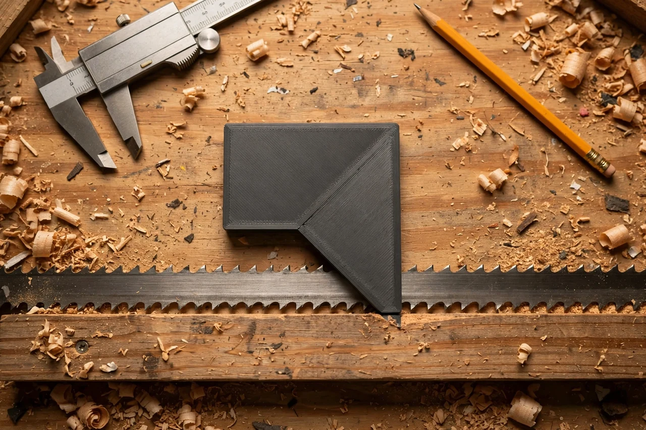 Close-up top-down view of a matte charcoal-gray 3D printed bandsaw blade drift angle gauge being test-fitted against bandsaw blades and fence angles on a workbench, calipers and a pencil nearby, warm workshop lighting