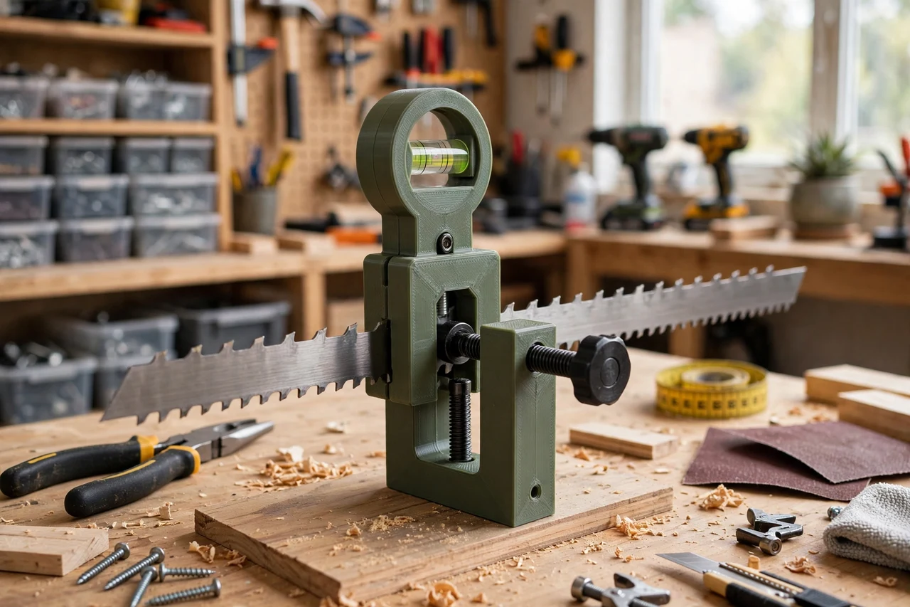 View of the finished 3D printed bandsaw blade drift angle gauge in use on a home repair project on a workbench, tidy workshop background in soft focus, bright natural light