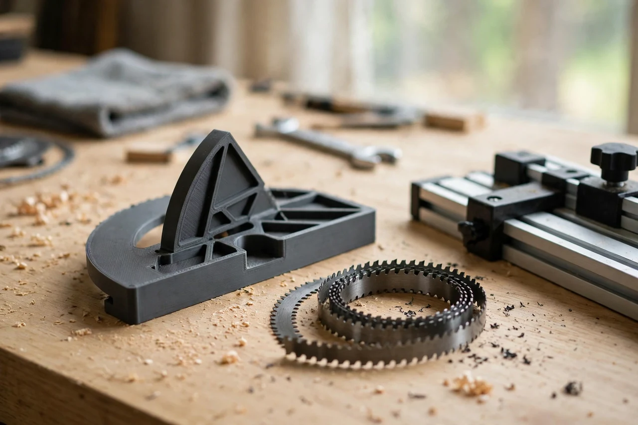 Home workshop scene on a light oak workbench, a matte charcoal-gray 3D printed bandsaw blade drift angle gauge beside a bandsaw blade and a fence section, soft natural window light, shallow depth of field