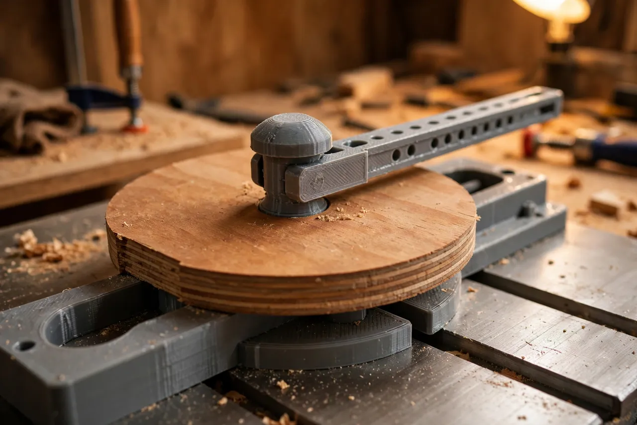 Close-up view of a 3D printed pivot pin and sliding arm on a bandsaw circle jig with a wooden board pinned at its center point, warm workshop lighting
