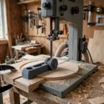 A bright home workshop scene with a bandsaw