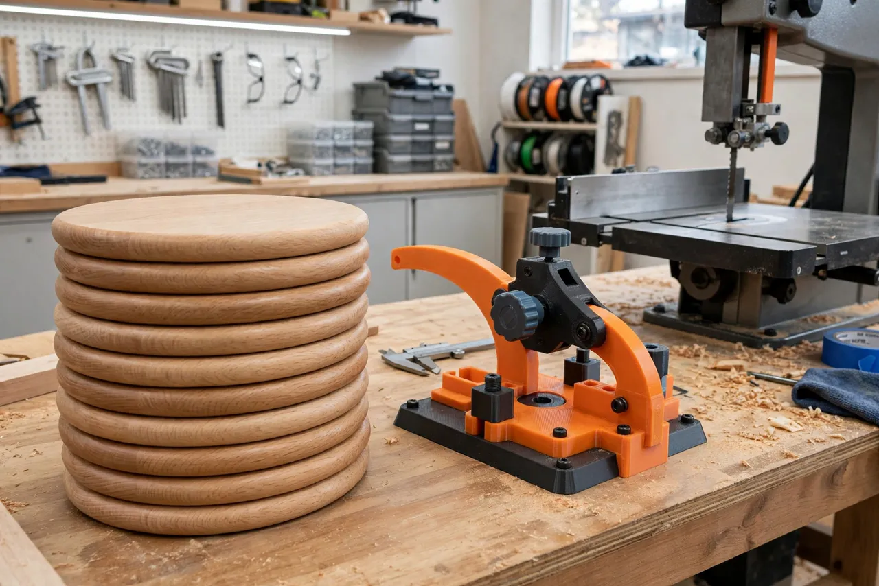 A finished stack of smooth round wooden discs on a workbench beside the bandsaw circle jig with its 3D printed parts, bright clean workshop