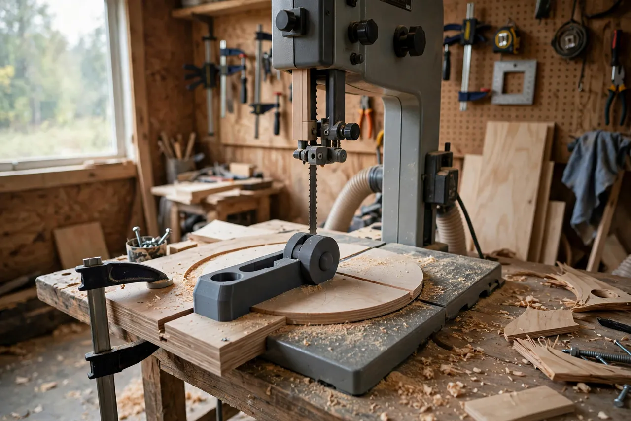 A bright home workshop scene with a bandsaw