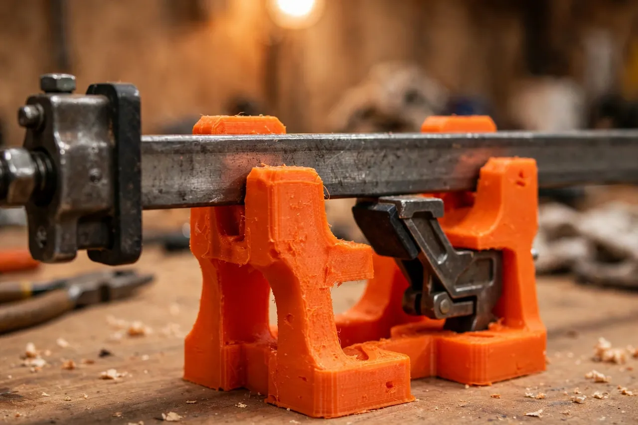 Close-up view of a bright-orange 3D printed bar clamp rack cradle supporting the steel bar of a long clamp just behind its fixed head, the moveable