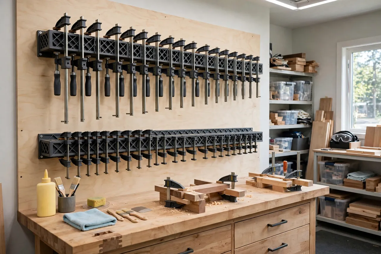 A finished clamp wall with a 3D printed bar clamp rack holding a graded row of long clamps above shorter clamps on a lower rail
