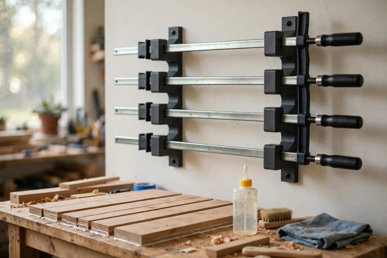 A bright home workshop scene, matte charcoal-gray 3D printed bar clamp rack brackets on a wall holding four long bar clamps flat and parallel