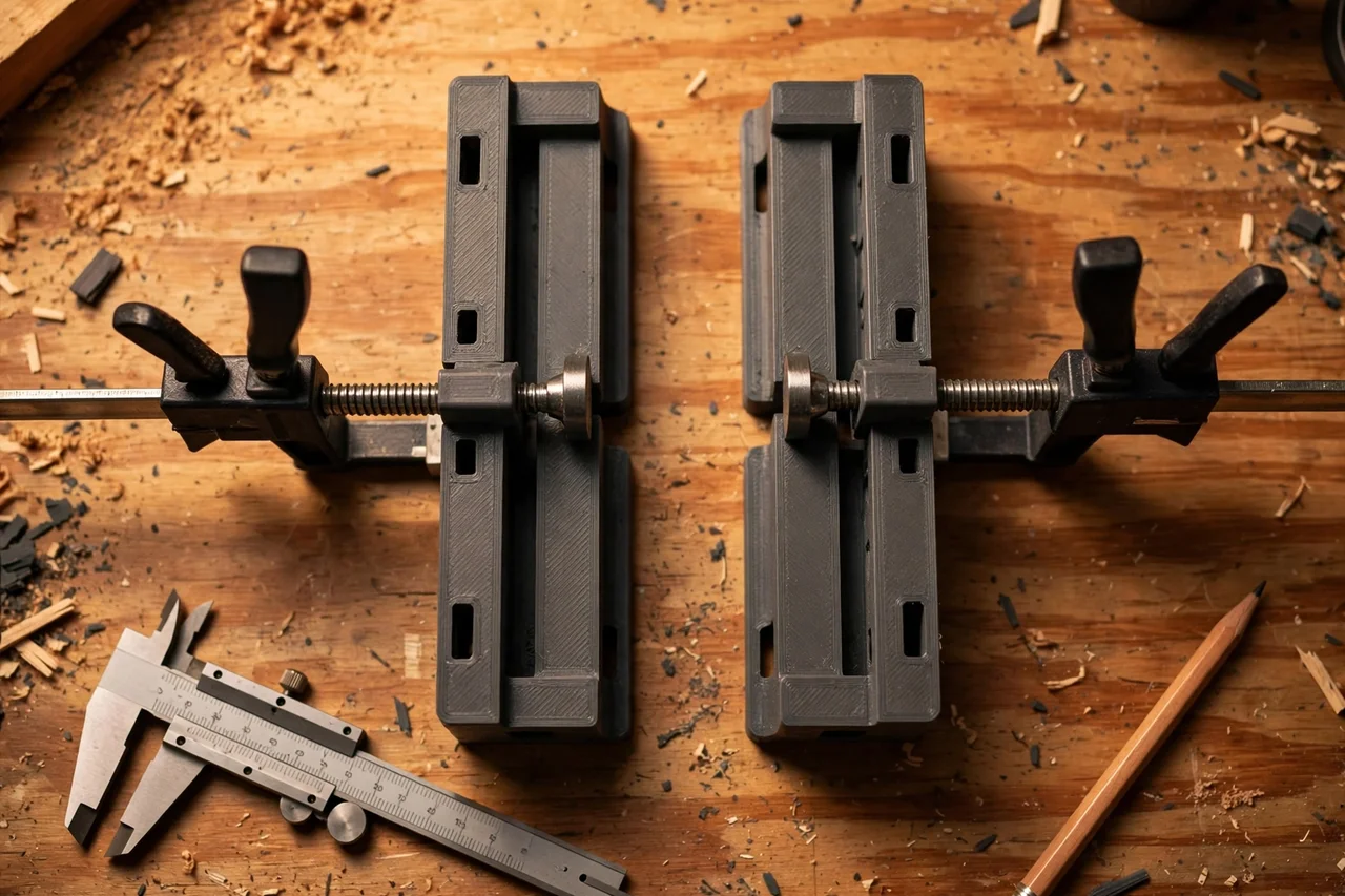 Close-up top-down view of a matte charcoal-gray 3D printed bar clamp wall bracket set being test-fitted with bar clamps on a workbench, calipers and a pencil nearby, warm workshop lighting