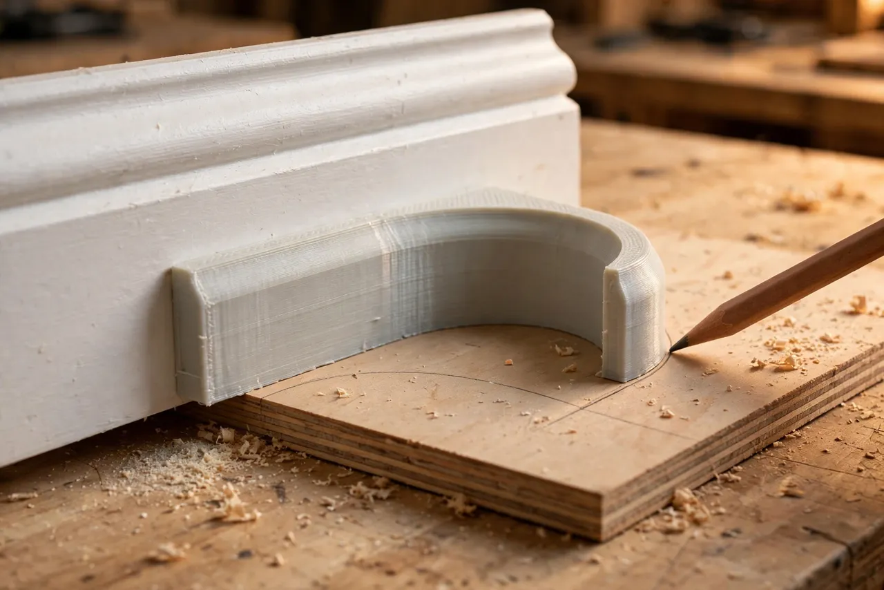 Close-up view of a 3D printed coping template tracing the curved profile of a white baseboard onto a second board on a workbench