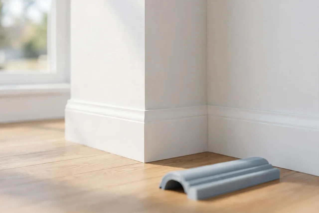 A finished inside corner of a room with white baseboards meeting tightly with no visible gap