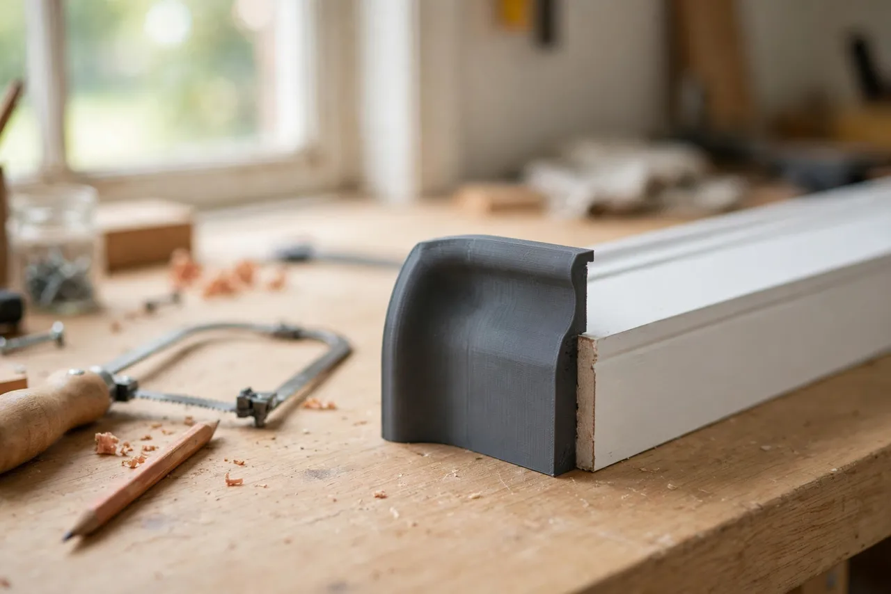 A bright home workshop scene on a light oak workbench