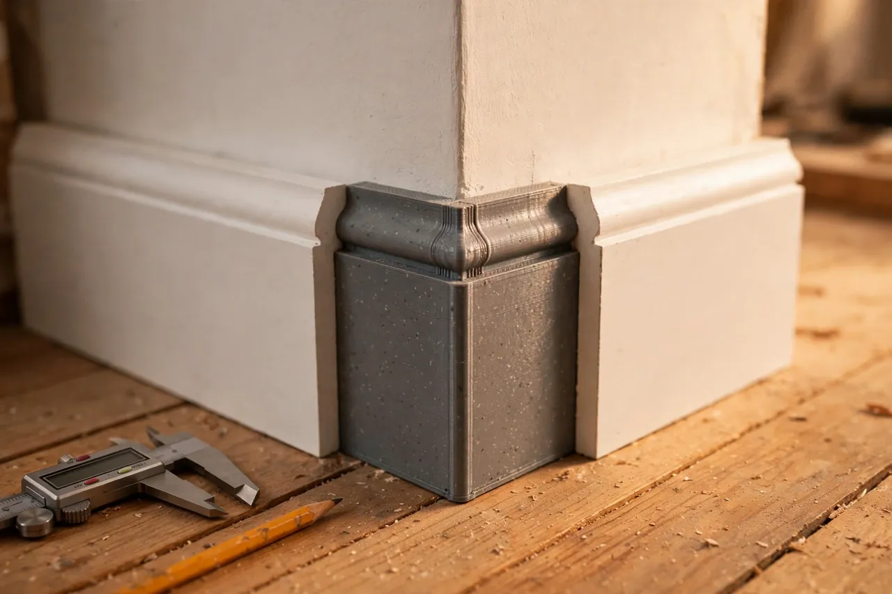 Close-up of a 3D printed baseboard corner block being test-fitted at an inside wall corner