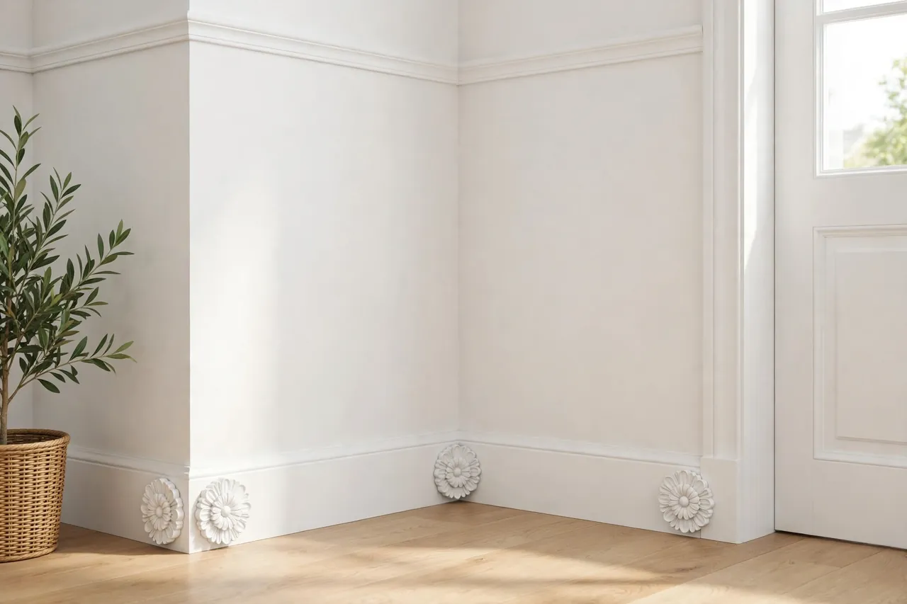 A finished room corner with matching printed rosette blocks at every baseboard corner, painted white to match the trim