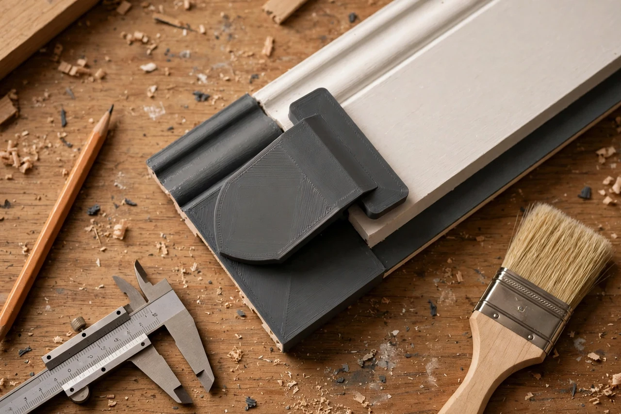 Close-up top-down view of a matte charcoal-gray 3D printed baseboard paint shield clip being test-fitted against baseboard trim and a paintbrush on a workbench, calipers and a pencil nearby, warm workshop lighting
