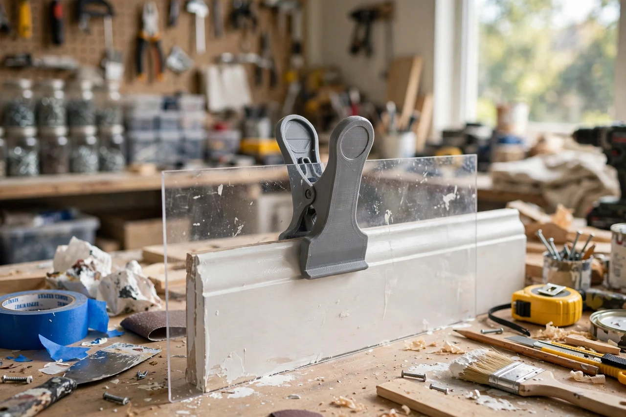 View of the finished 3D printed baseboard paint shield clip in use on a home improvement project on a workbench, tidy workshop background in soft focus, bright natural light
