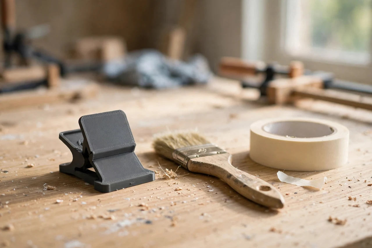 Home workshop scene on a light oak workbench, a matte charcoal-gray 3D printed baseboard paint shield clip beside a paintbrush and a roll of masking tape, soft natural window light, shallow depth of field