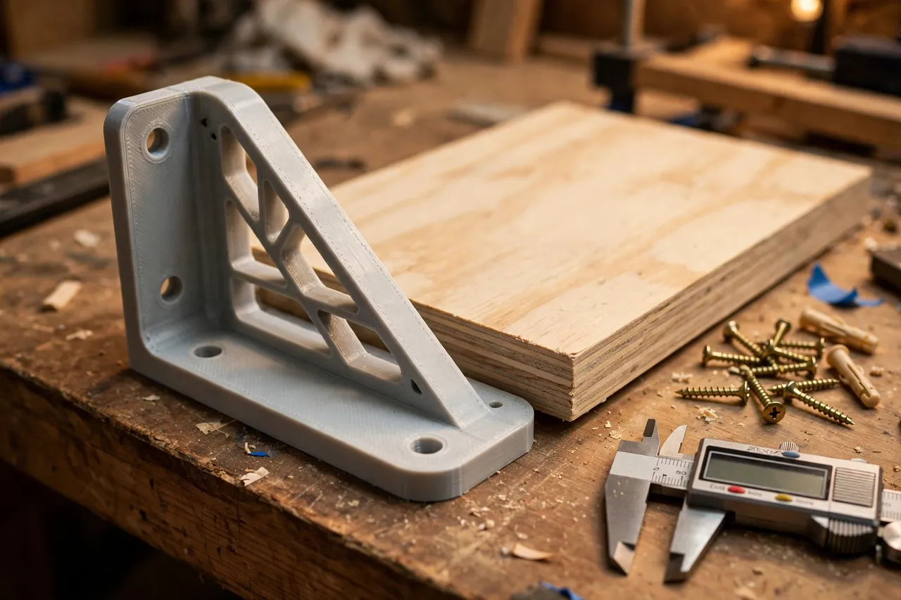 Close-up view of a 3D printed bathroom shelf bracket beside a shelf board and wall screws on a workbench, calipers nearby, warm workshop lighting