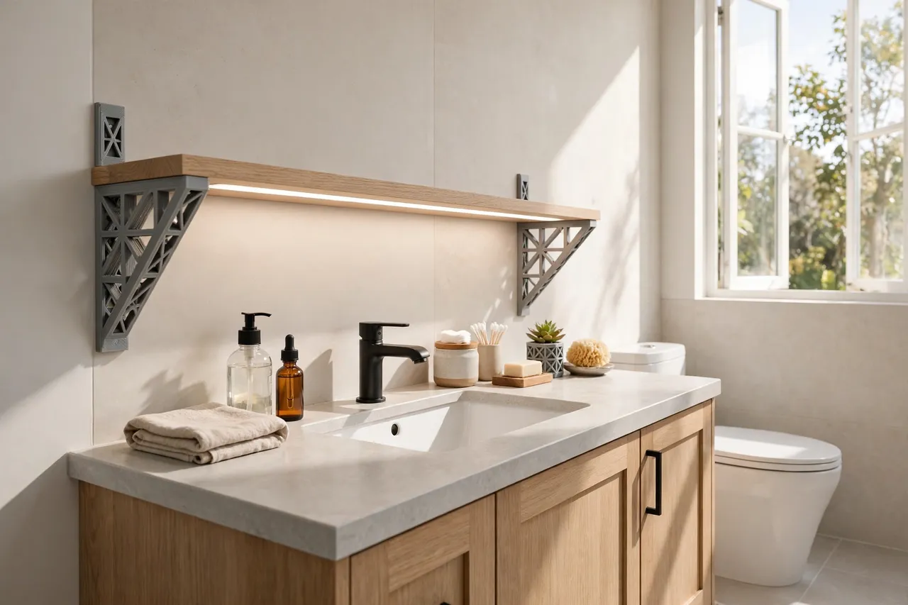 A finished bathroom with a neat light shelf on printed brackets above a sink, toiletries arranged tidily, bright natural light