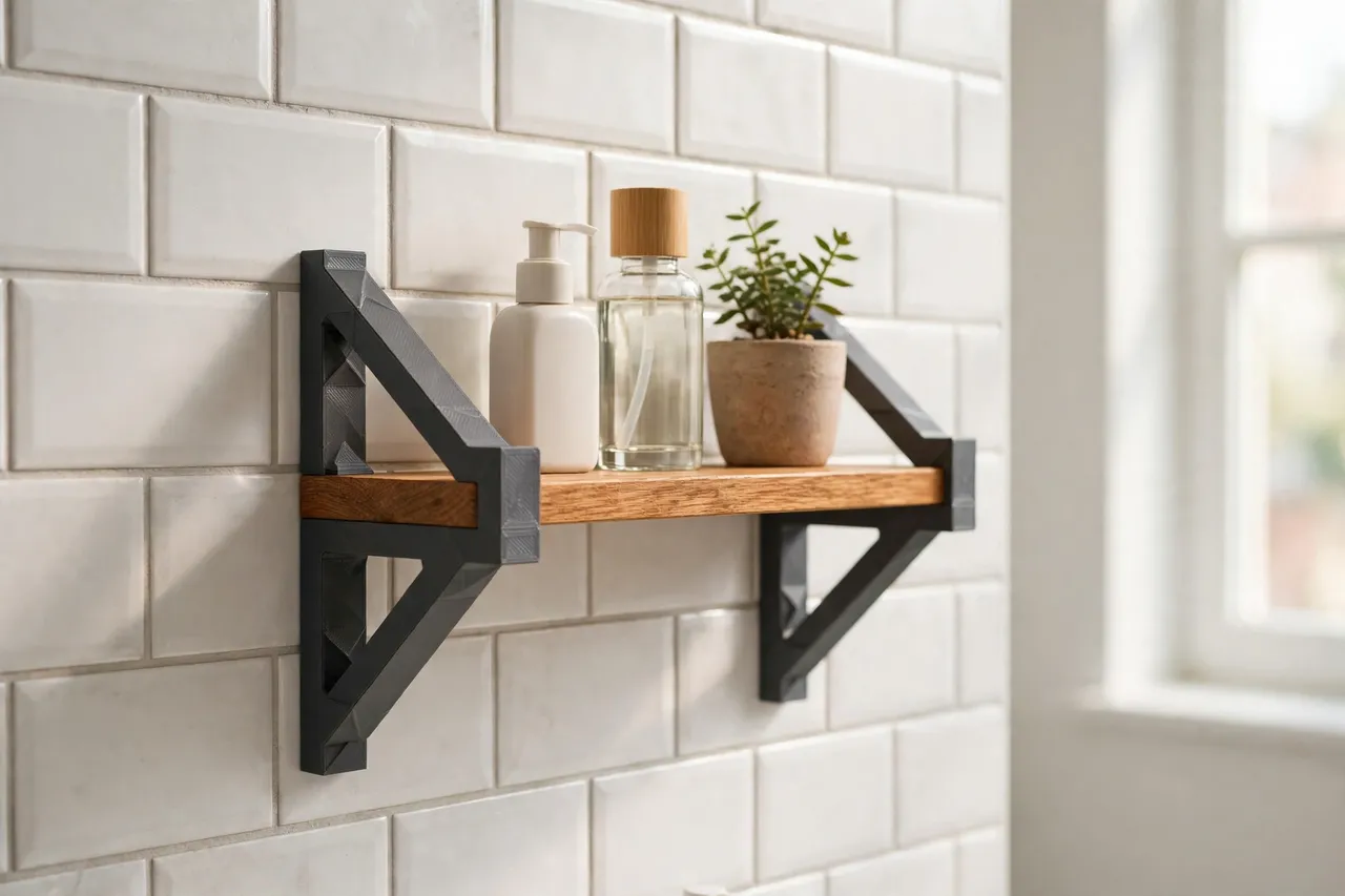 A bright bathroom scene, a small wooden shelf on a tiled wall held by two matte charcoal-gray 3D printed shelf brackets