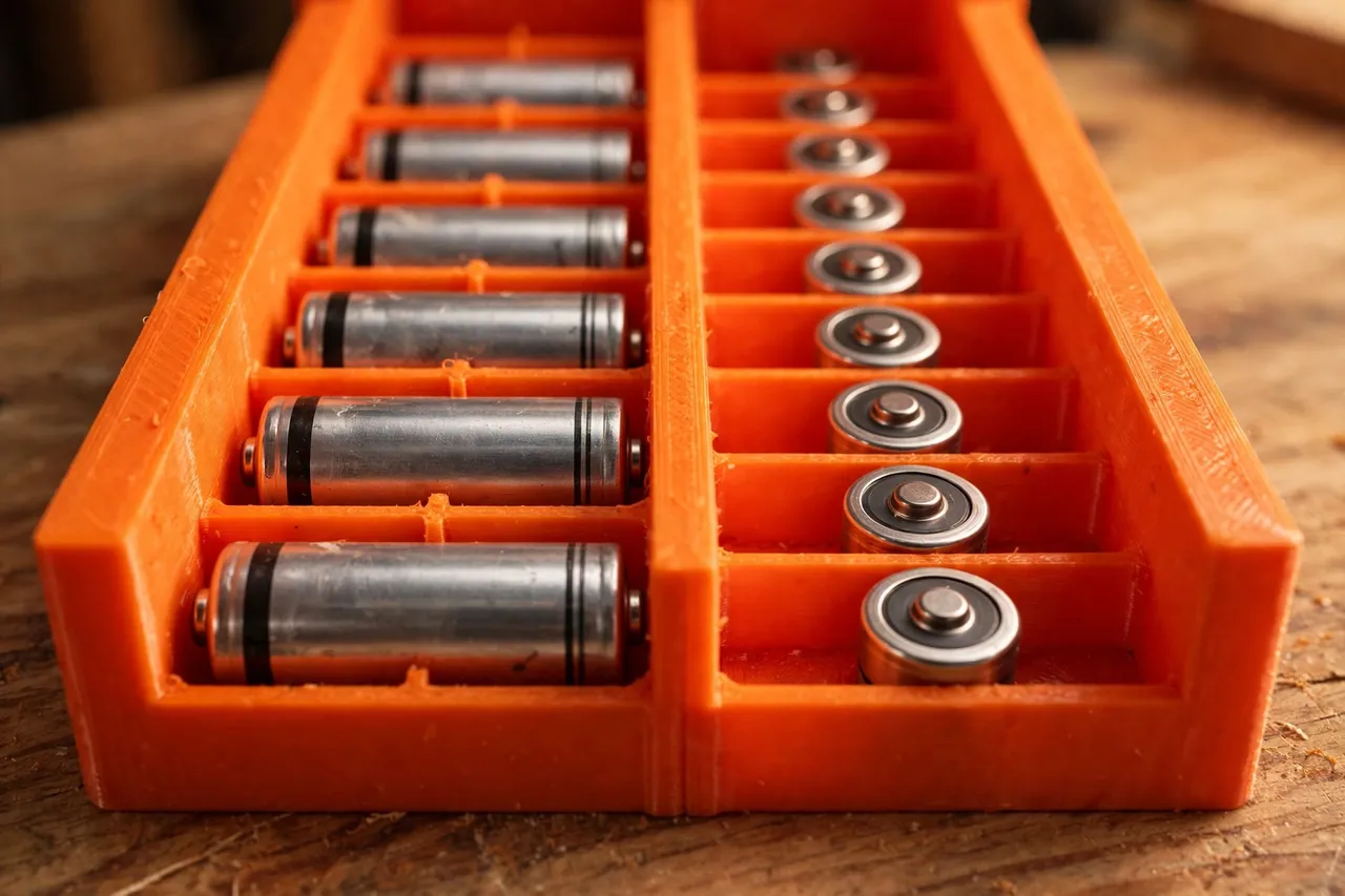 Close-up view of the separate molded channels inside a bright-orange 3D printed battery dispenser