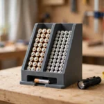 A bright home workshop scene on a light oak workbench